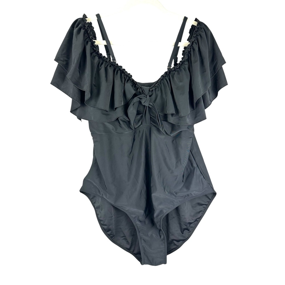 4XL Black Ruffled Off Shoulder One Piece Swimsuit Tummy Control Plus Size Swim